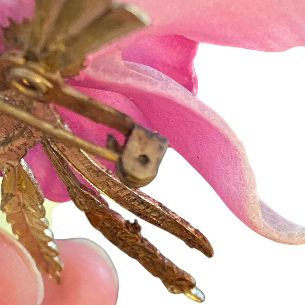 Vintage Pink Orchid Brooch Pin Gold Tone Floral Statement Botanical